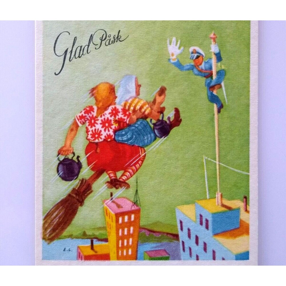 Easter Witch Postcard Fantasy Glad Pask Riding Broom Policeman Flag Pole Sweden